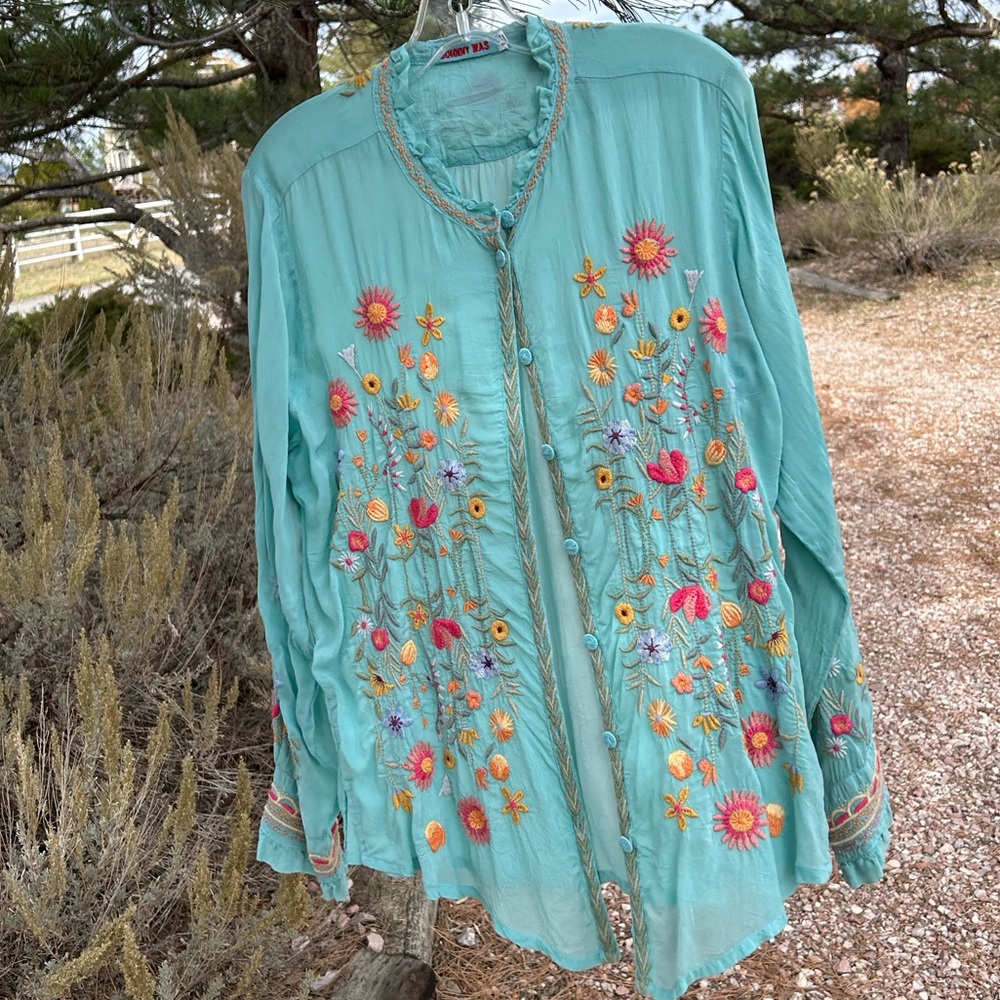 Johnny Was Turquoise Blouse with Multicolor Floral Embroidery